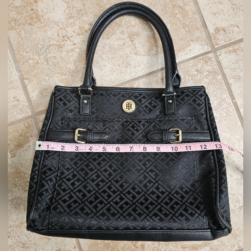 Tommy Hilfiger Black Monogram Satchel Bag Purse Classic Preppy Tote Handbag - Picture 7 of 8